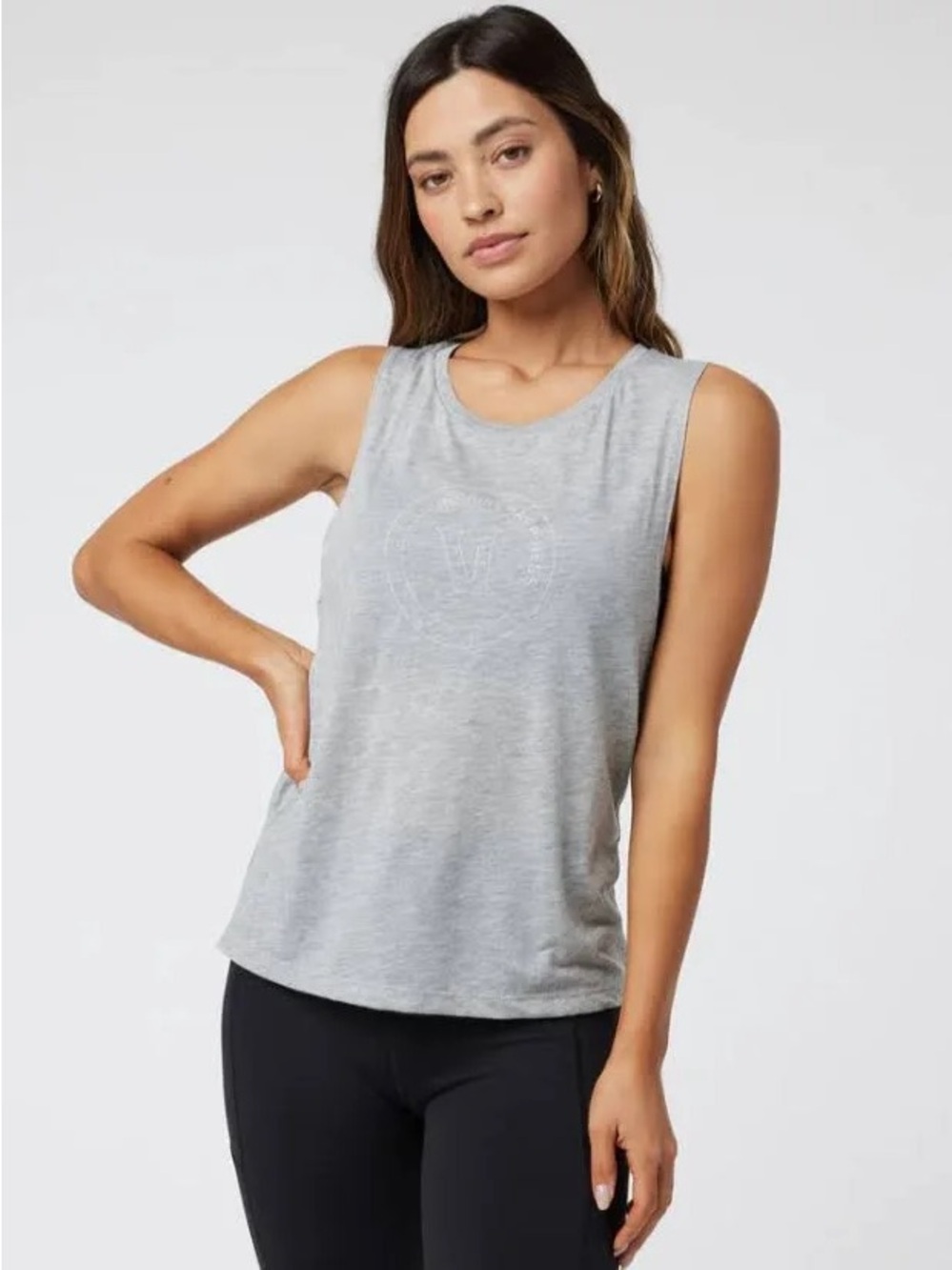 Vuori Inspire Happiness Heather Gray Logo Muscle Tank - Women
